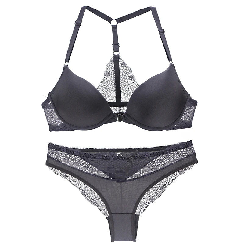 2022 New Sexy Halter Deep V Push Up Bras Set Solid Smooth Bow Decorative Women Underwear AB Cup Girls Lingerie - Matrix-studios.com