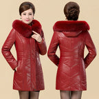 Middle aged Women's Leather Jacket Winter New Thicken Warm Slim Big Fur Collar Mid-length Leather Coat Female Outerwear 6XL - Matrix Studios