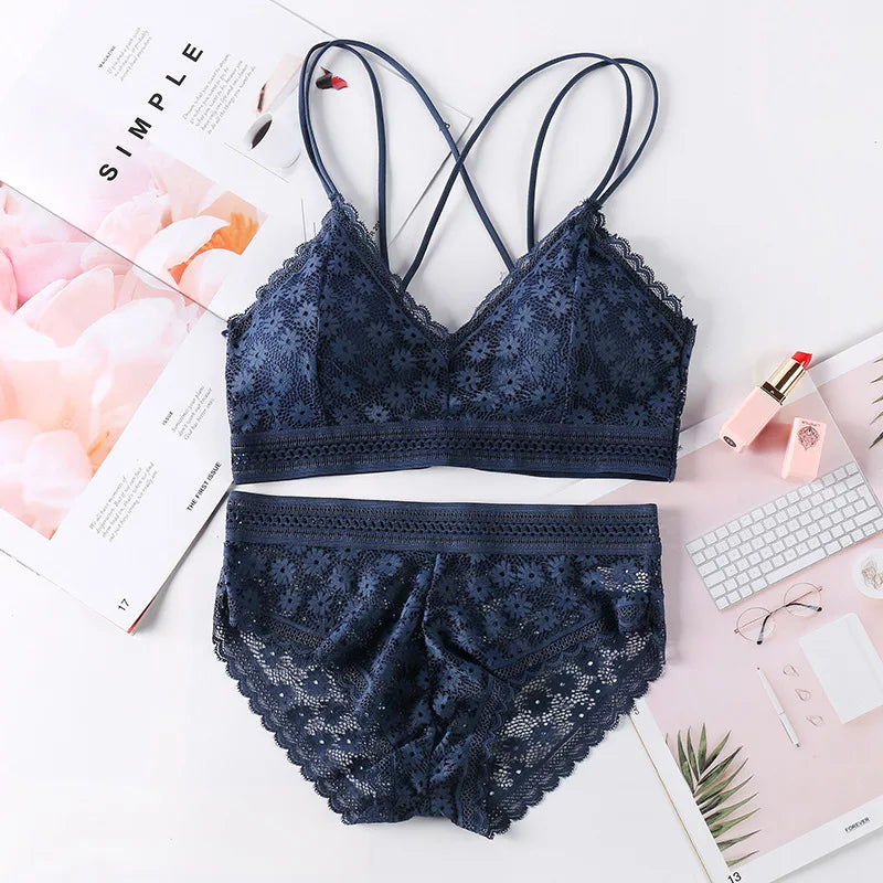 Women Lace Bra And Briefs Set Backless Bralette Solid Color Underwear Wireless Lace Bra Top Sexy Lingerie Set Female Intimates - Matrix-studios.com