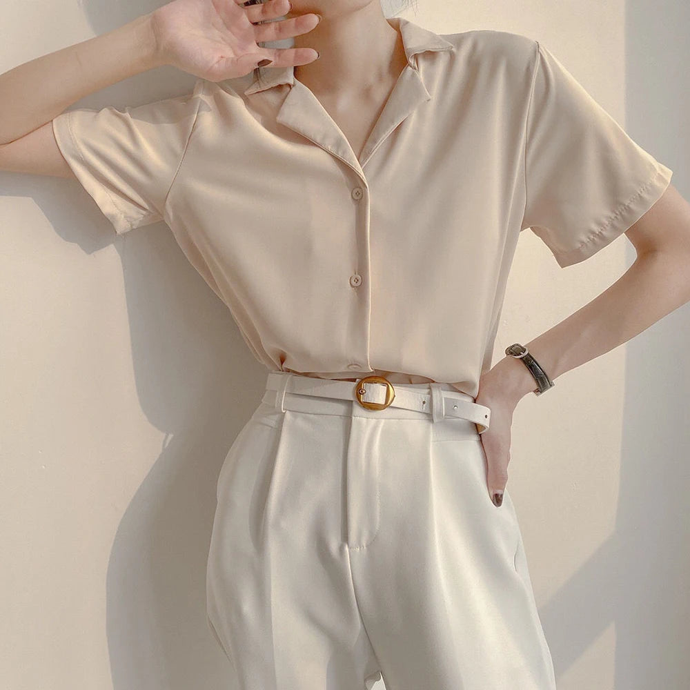 Women Summer Chiffon Blouse Elegant Short Sleeve V Neck Loose Shirt Casual Solid Korean Chic Simple Tops Female Tunic Blusas - Matrix-studios.com