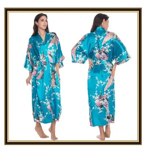 Half Sleeve Loose Style Woman Japanese Kimono Satin Silk Sleepwear Pajamas Peacock Spa Yukata Bathing Robe Lady's Long Dress - Matrix-studios.com
