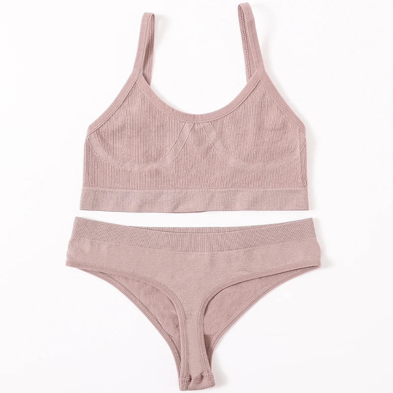 Women Seamless Bra And Panties Set U-Back Bralette Top Comfort Breathable Briefs Ribbed Sexy Lingerie Sports Underwear Set - Matrix-studios.com