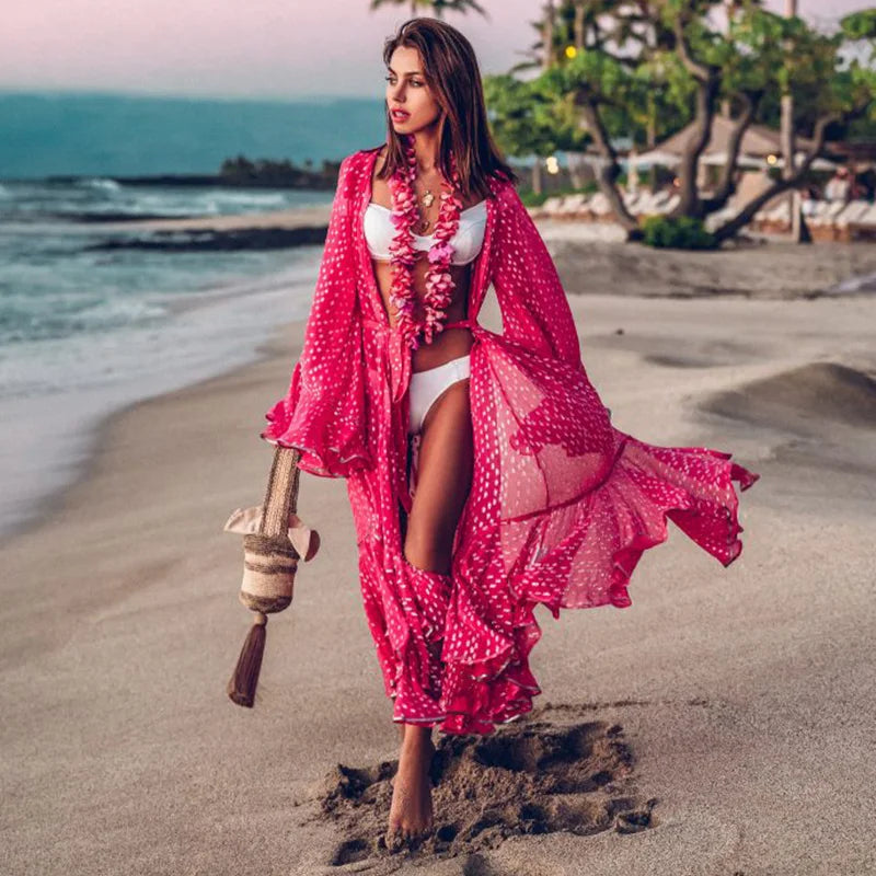 Women Swimsuit Crochet Beach Cover Up Dress Sleeve Kaftan Beach Tunic Long Pareos Bikinis Cover Ups Summer Robe Plage Beachwear - Matrix Studios
