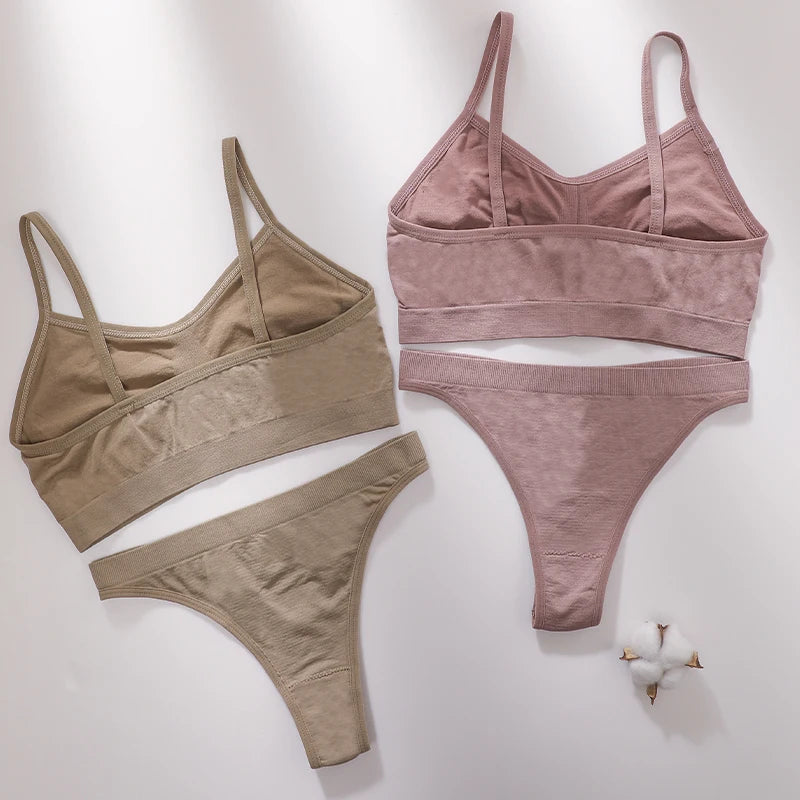 Women Seamless Bra And Panties Set Wire Free Bralette High Leg Cut Thongs Comfort Ribbed Unlined Underwear Sexy Lingerie Set - Matrix-studios.com