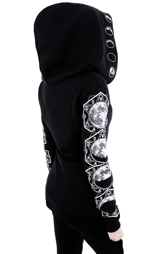 Fashion Trend Women's Punk Black Hoodie Moon Print Long-sleeved Sweater - Matrix Studios