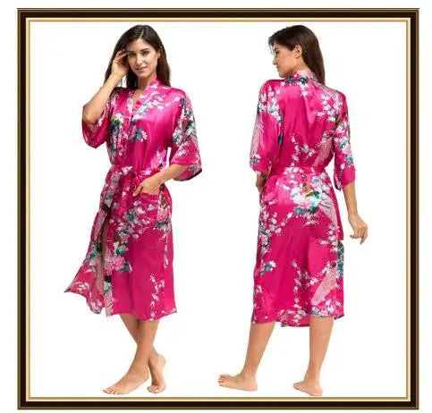 Half Sleeve Loose Style Woman Japanese Kimono Satin Silk Sleepwear Pajamas Peacock Spa Yukata Bathing Robe Lady's Long Dress - Matrix-studios.com