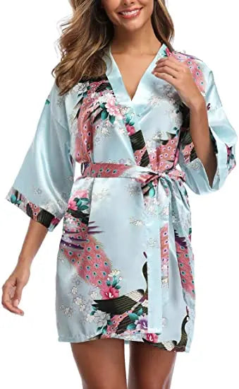 Satin Silk Women Wedding Bridemaid Robe Sexy Crane Print Bathrobe Short Long Kimono Night Gown Robe Fashion Dressing Gown Female - Matrix-studios.com