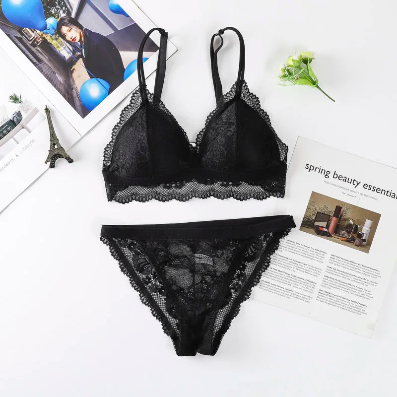 Women Lace Bra And Briefs Set Backless Bralette Solid Color Underwear Wireless Lace Bra Top Sexy Lingerie Set Female Intimates - Matrix-studios.com