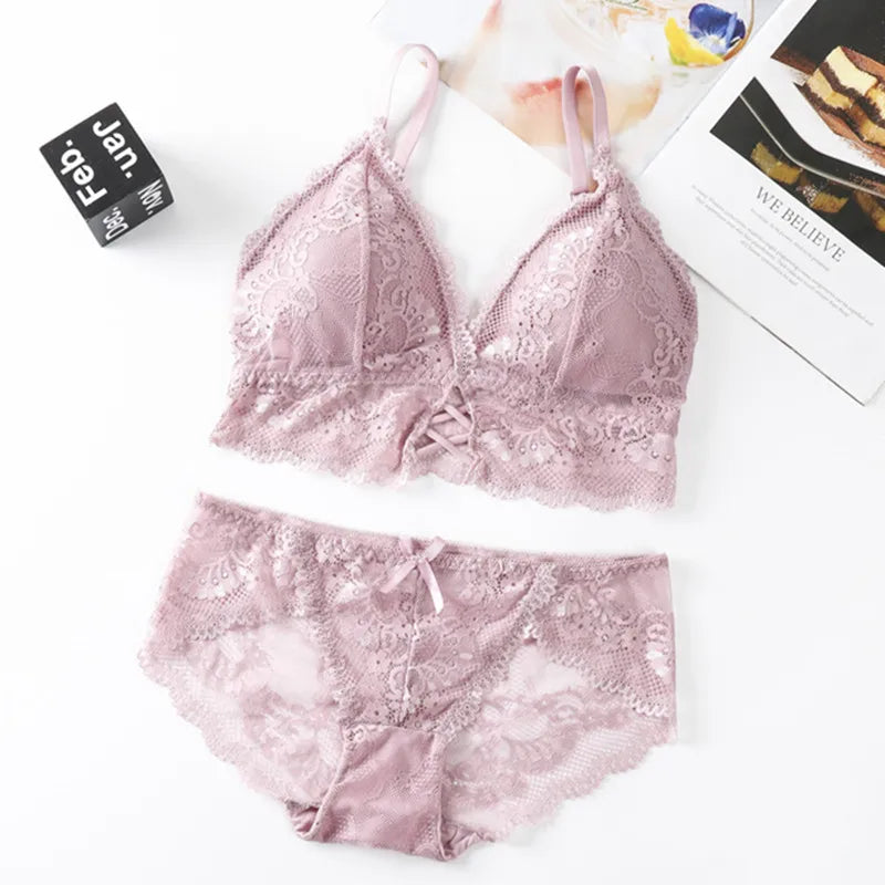 Women Lace Bra And Briefs Set Backless Bralette Solid Color Underwear Wireless Lace Bra Top Sexy Lingerie Set Female Intimates - Matrix-studios.com