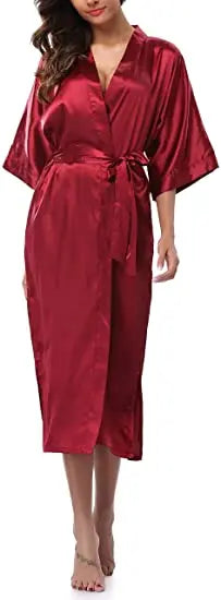 Plus Size S-XXXL Rayon Bathrobe Womens Kimono Satin Long Robe Sexy Lingerie Classic Nightgown Sleepwear with Belt - Matrix-studios.com