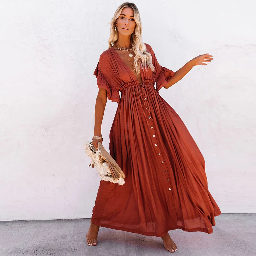 Leaves Print Bikini Beach Cover up Tunics for Beach Long Kaftan Bikini Cover up Robe de Plage Sarong Beach Swimsuit cover-ups - Matrix Studios