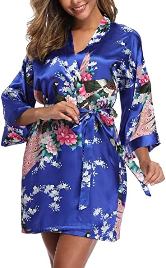 Satin Silk Women Wedding Bridemaid Robe Sexy Crane Print Bathrobe Short Long Kimono Night Gown Robe Fashion Dressing Gown Female - Matrix-studios.com
