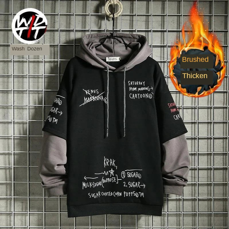 Spring /Autumn Men's Sweater Retro Mock Two-Piece Hooded Korean Hip Hop Print Sweatshirt Loose Hoodie Male Fleece Padded Jacket - Matrix Studios