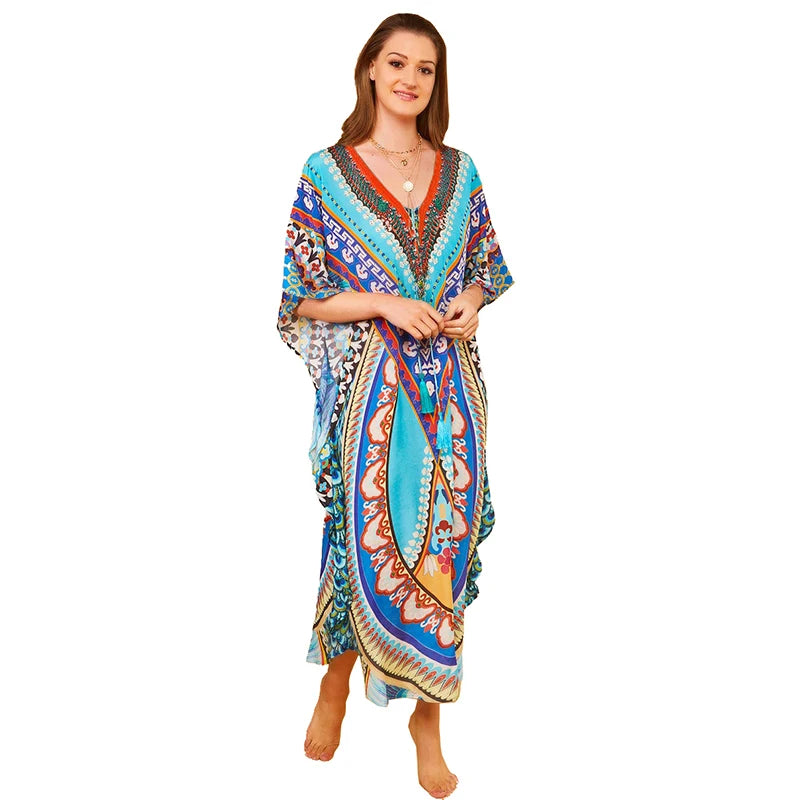 Bohemian Kaftan Beach Tunic Cotton Beach Cover up Saida de Praia Swimsuit Women Bikini cover up Pareo Sarong Beachwear #Q956 - Matrix Studios