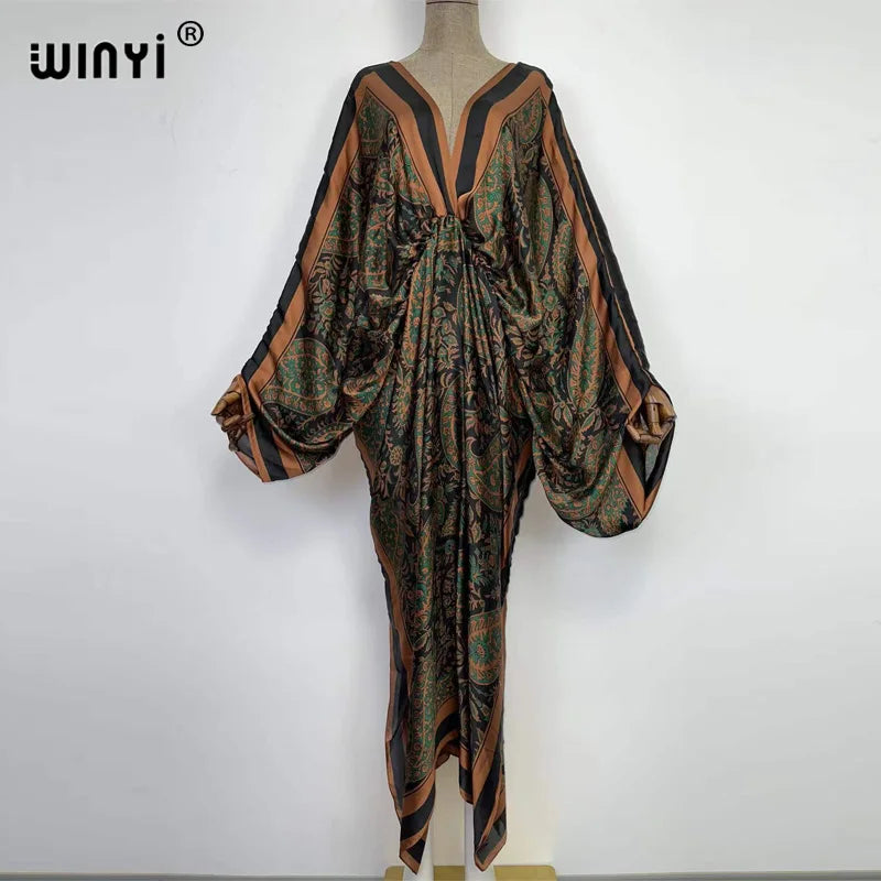 Europe Beach Over Size Summer Fashion Print 2022 WINYI Kaftan Robe Sexy Femme Maxi Women's Robes Long Beach V-Neck Bohemian Dres - Matrix Studios