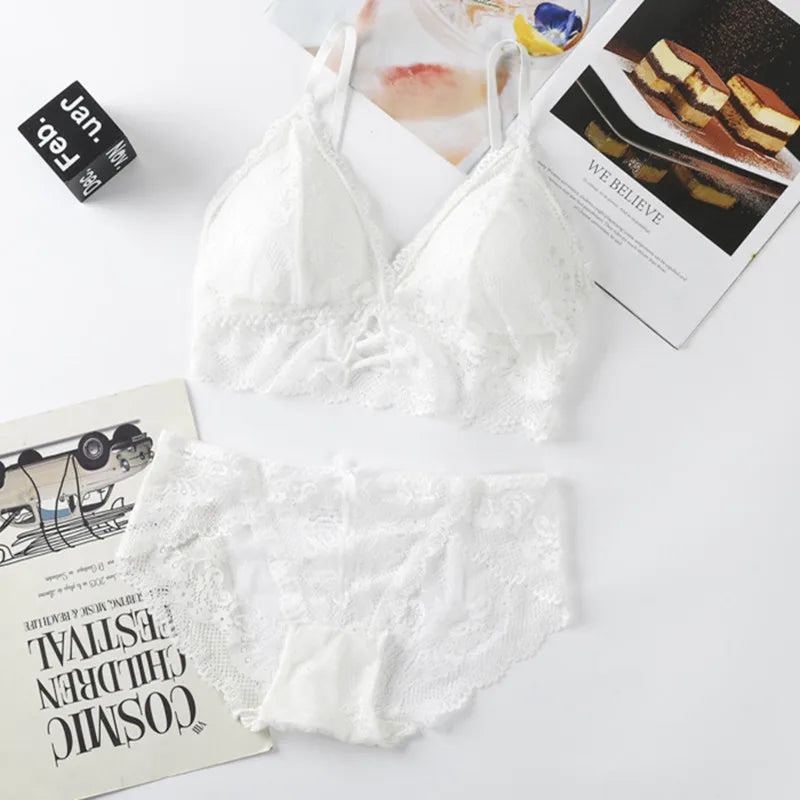 Women Lace Bra And Briefs Set Backless Bralette Solid Color Underwear Wireless Lace Bra Top Sexy Lingerie Set Female Intimates - Matrix-studios.com