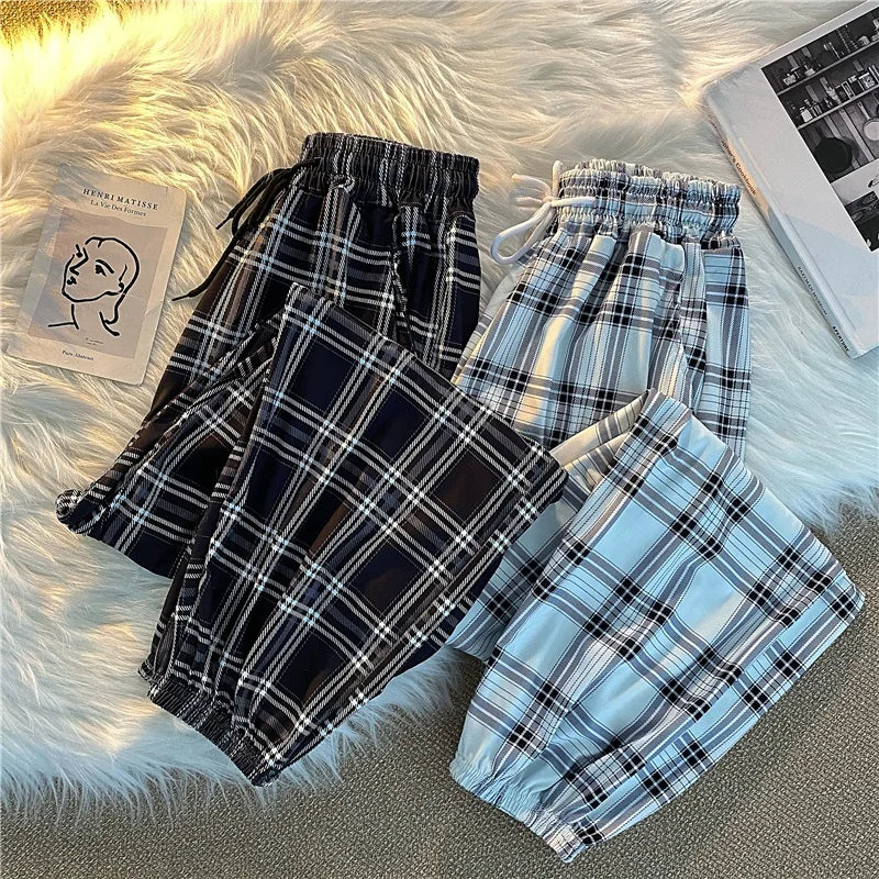 Pants Women New Bunch of feet Fashion Loose Black Plaid Summer Harajuku Students Streetwear Harem Long Trousers Womens Chic - Matrix-studios.com