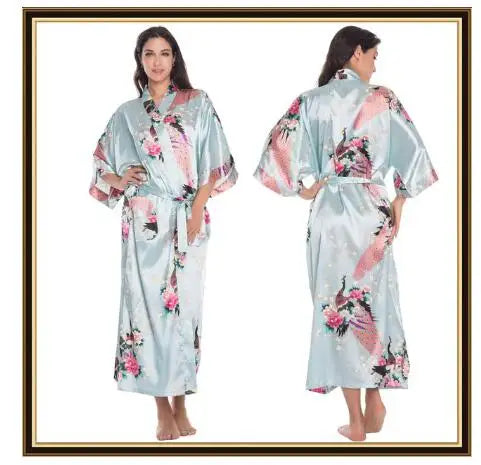Half Sleeve Loose Style Woman Japanese Kimono Satin Silk Sleepwear Pajamas Peacock Spa Yukata Bathing Robe Lady's Long Dress - Matrix-studios.com