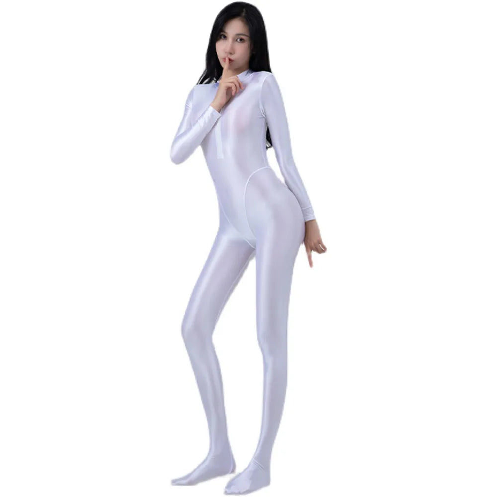 AMORESY Women's Shiny Oil Tights Full-Length Catsuit Front Zipper Yoga Zentai Playsuit Sexy Smooth Casual Jumpsuit - Matrix Studios