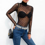 Women Mesh Net Fishnet Bodysuit Slim Long Sleeve Leotard Jumpsuit Tops Beachwear Beading Prespective Mesh Fishnet Cover Up - Matrix Studios