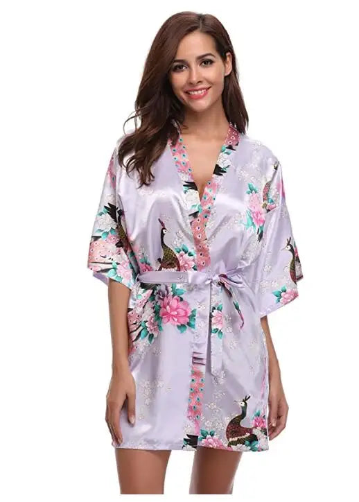 Brand Purple Female Printed Floral Kimono Dress Gown Chinese Style Silk Satin Robe Nightgown Flower S M L XL XXL XXXL - Matrix-studios.com