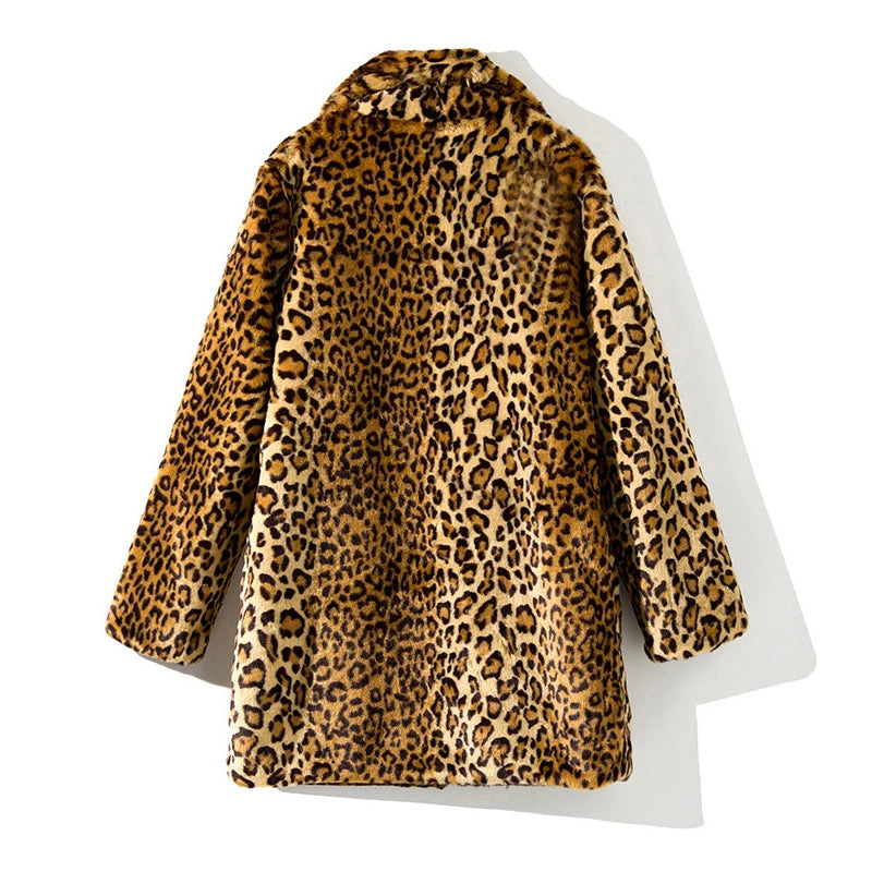 Fashion Women Faux Fur Leopard Print Coat Female Sexy All-Match Mid-Length Suit Collar Warm Outerwear - Matrix Studios