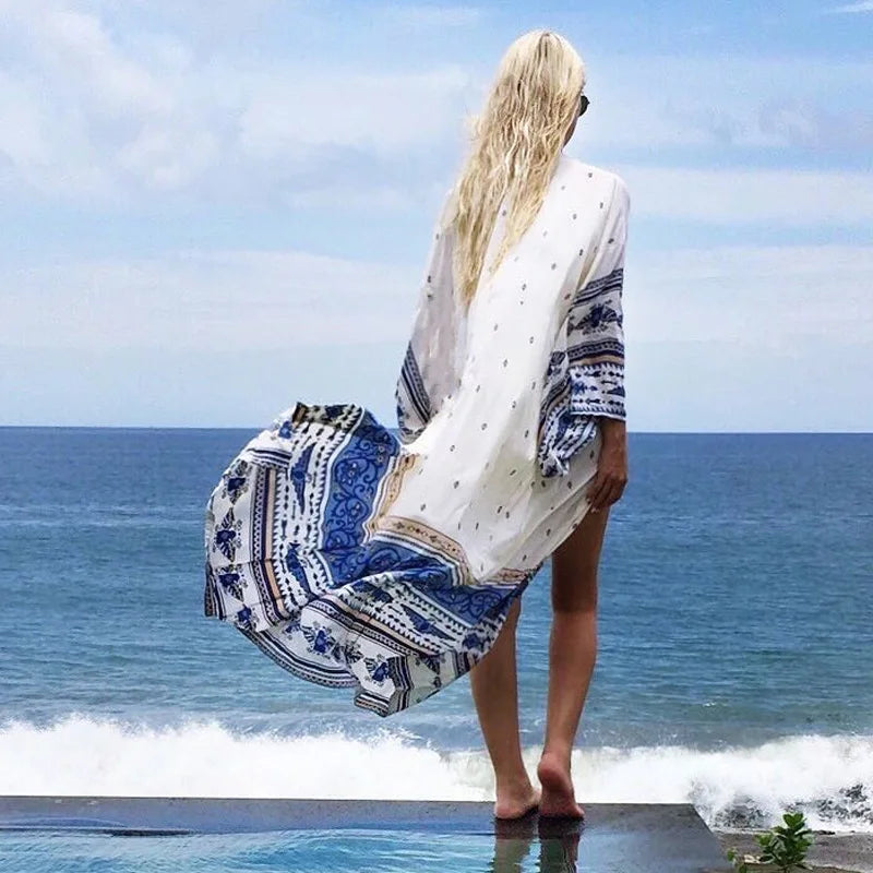 TEELYNN Chiffon Floral Print Kimono Robe Long Sleeve beach boho Cover up women Blouse Vintage summer Cardigan Tops Blusas shirts - Matrix Studios