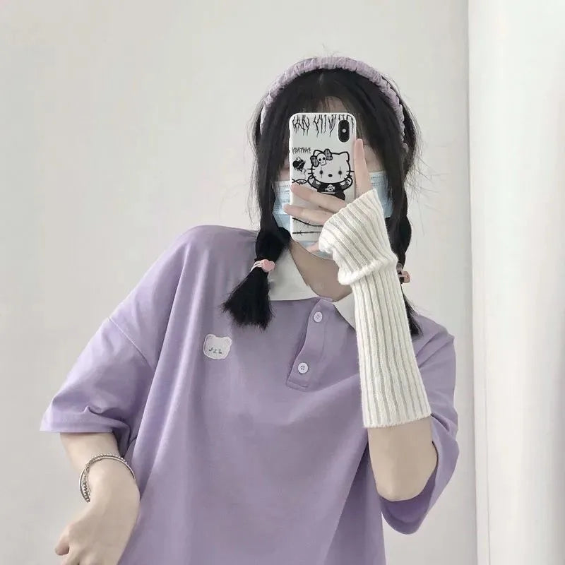 Bear Embroidery Preppy Style Polo Shirts Female T Shirt Short Sleeve Summer Women Tshirt Cotton Cute Tee Loose Oversized Teens - Matrix-studios.com