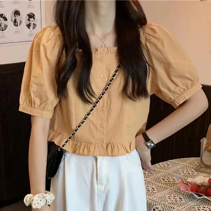 Korean Summer Ruffle Elegant Chiffon Cool Blouse Women Youthful Cute Cropped Tops Chic Short sleeve Feminine Shirt - Matrix-studios.com