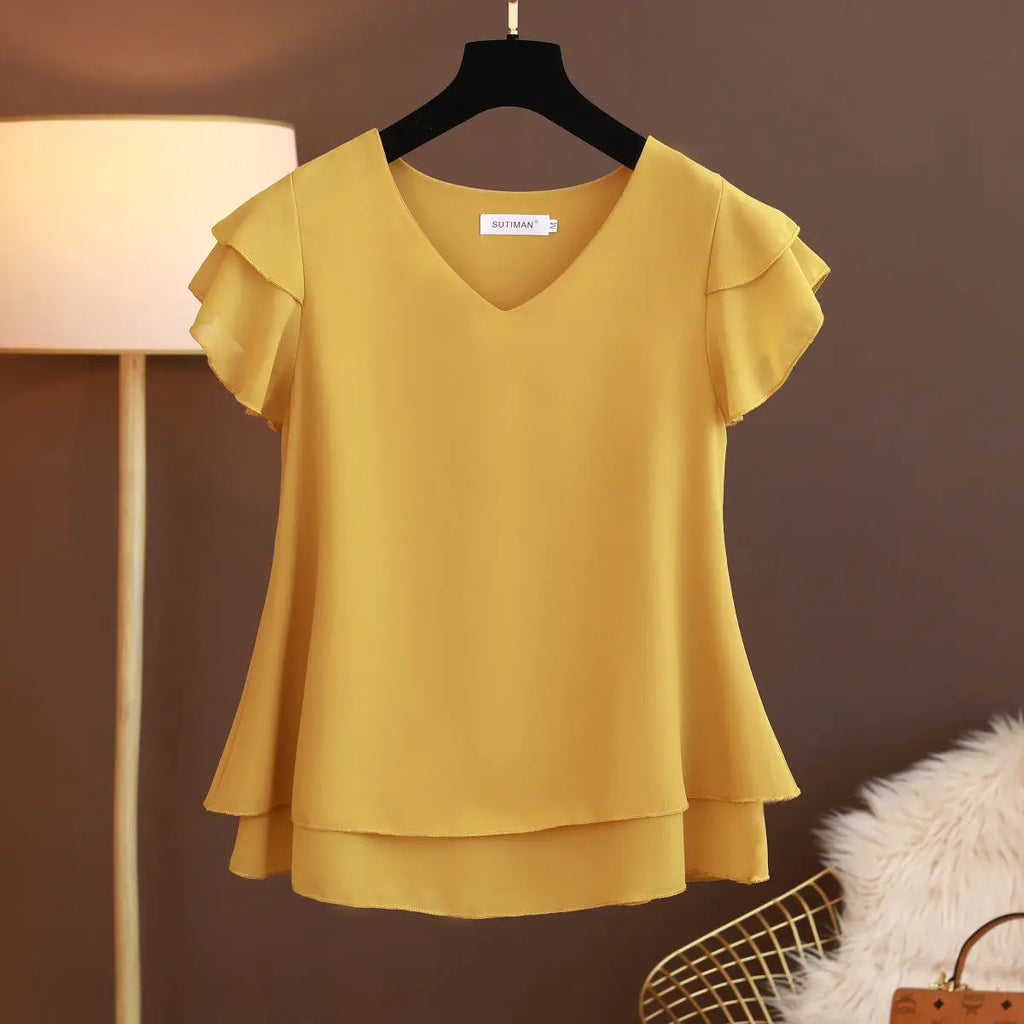 2026 New Summer Women Blouse Loose V-Neck Chiffon Shirt Female Short Sleeve Blouse Oversized Shirts womens tops and blouses Top - Matrix-studios.com