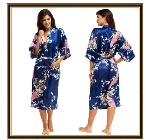 Half Sleeve Loose Style Woman Japanese Kimono Satin Silk Sleepwear Pajamas Peacock Spa Yukata Bathing Robe Lady's Long Dress - Matrix-studios.com