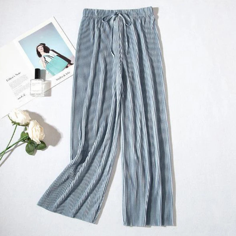 2025 Women's Pleated Loose Ice Silk Korean Casual Cropped Pants Wide Leg Trouse Home Classic Sports Wear Girls Clothes Black Top - Matrix-studios.com