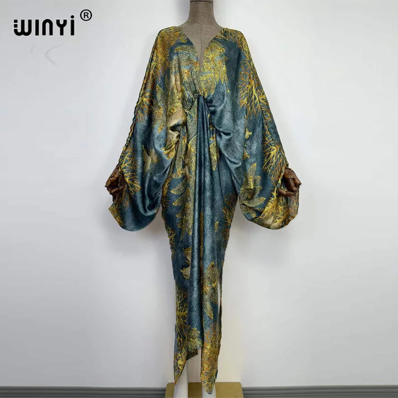 Europe Beach Over Size Summer Fashion Print 2022 WINYI Kaftan Robe Sexy Femme Maxi Women's Robes Long Beach V-Neck Bohemian Dres - Matrix Studios