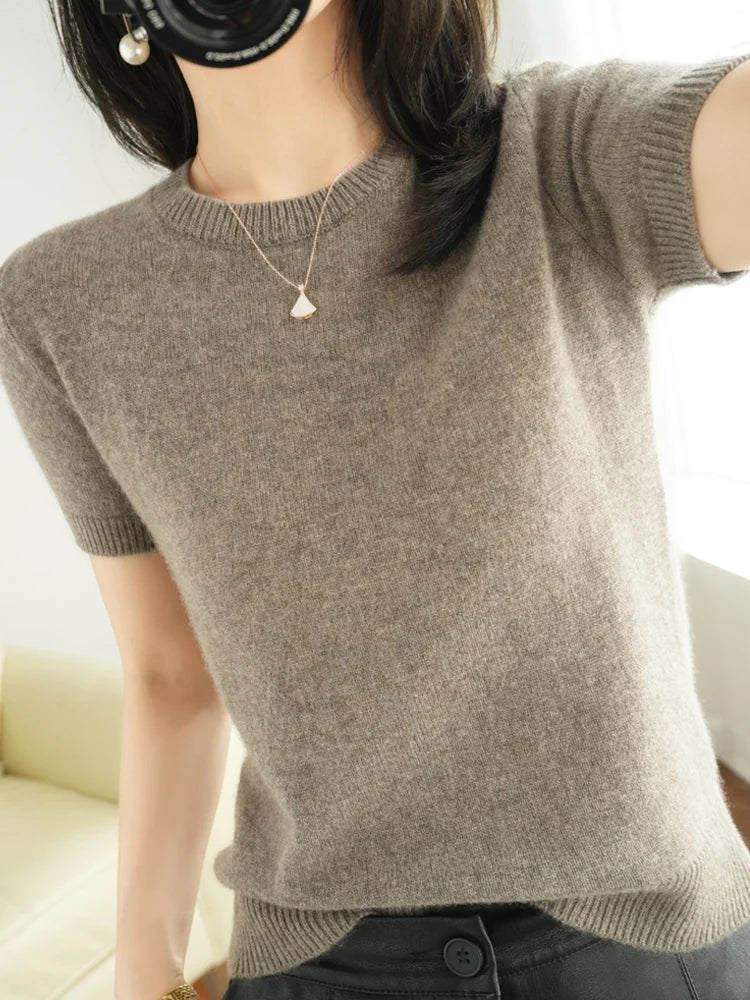 New Short-sleeved Knitwear Women O-neck T-shirt Wool Cotton Blend Pullover Vest Sprig Summer Bottoming Tops Sweater Solid Soft - Matrix Studios