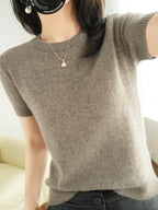 New Short-sleeved Knitwear Women O-neck T-shirt Wool Cotton Blend Pullover Vest Sprig Summer Bottoming Tops Sweater Solid Soft - Matrix Studios
