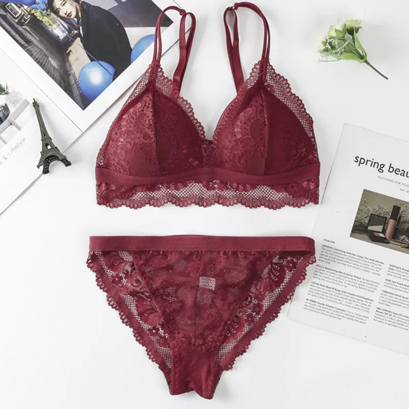 Women Lace Bra And Briefs Set Backless Bralette Solid Color Underwear Wireless Lace Bra Top Sexy Lingerie Set Female Intimates - Matrix-studios.com