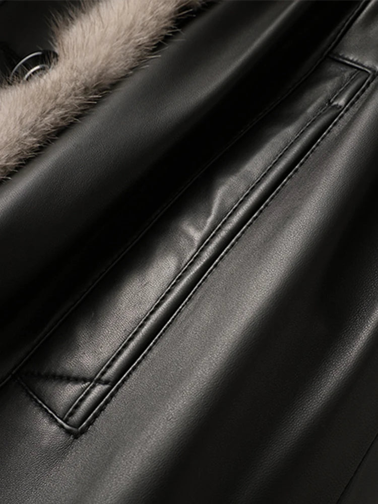 Lautaro Winter Long Warm Thick Black Leather Coat Women with Fur Inside Elegant Luxury Faux Fur Lined Jacket Parka Fashion 2021 - Matrix Studios