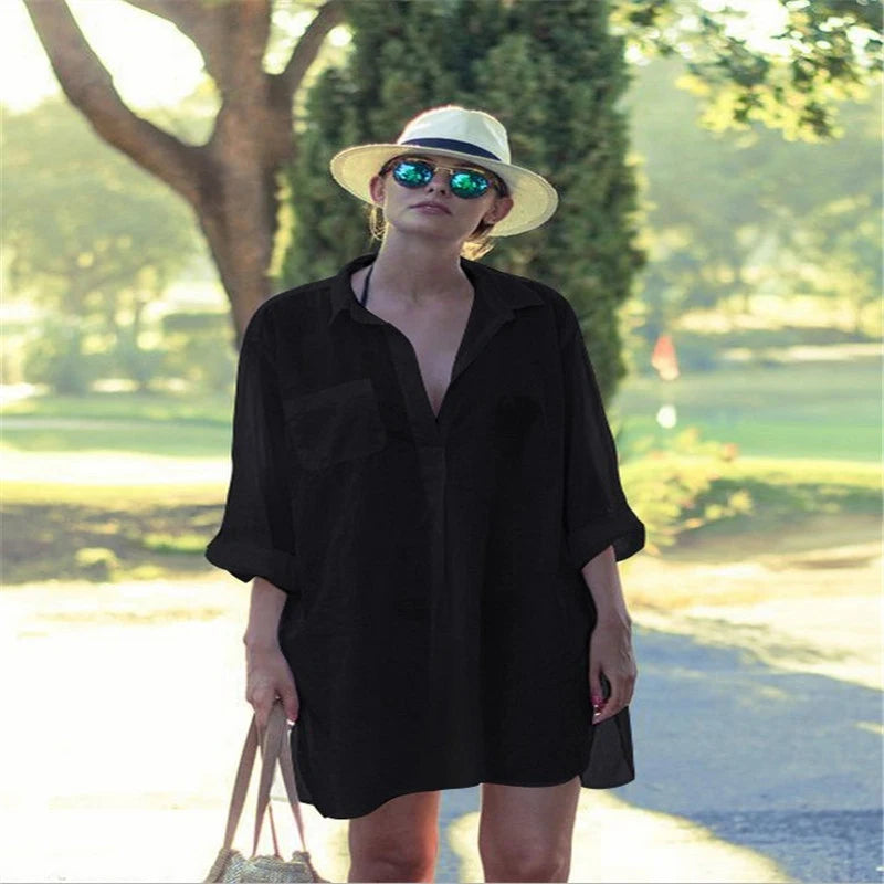 Sexy Beach Cover Up Women Bikini Pocket Swimsuit Cover Up Hollow Out T-shirt White Bathing Suit Cover-Ups Tunics Beachwear Robe - Matrix Studios