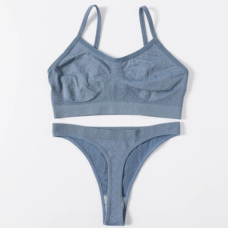 Women Seamless Bra And Panties Set Wire Free Bralette High Leg Cut Thongs Comfort Ribbed Unlined Underwear Sexy Lingerie Set - Matrix-studios.com