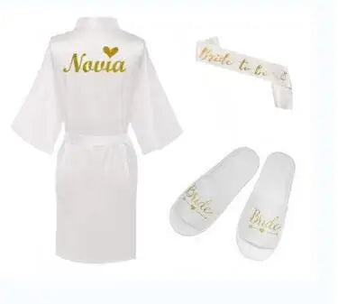 3pc set of glitter gold novia robe bride slippers bridal sash foil writing Espanol spanish kimono la novia women pajamas robe - Matrix-studios.com