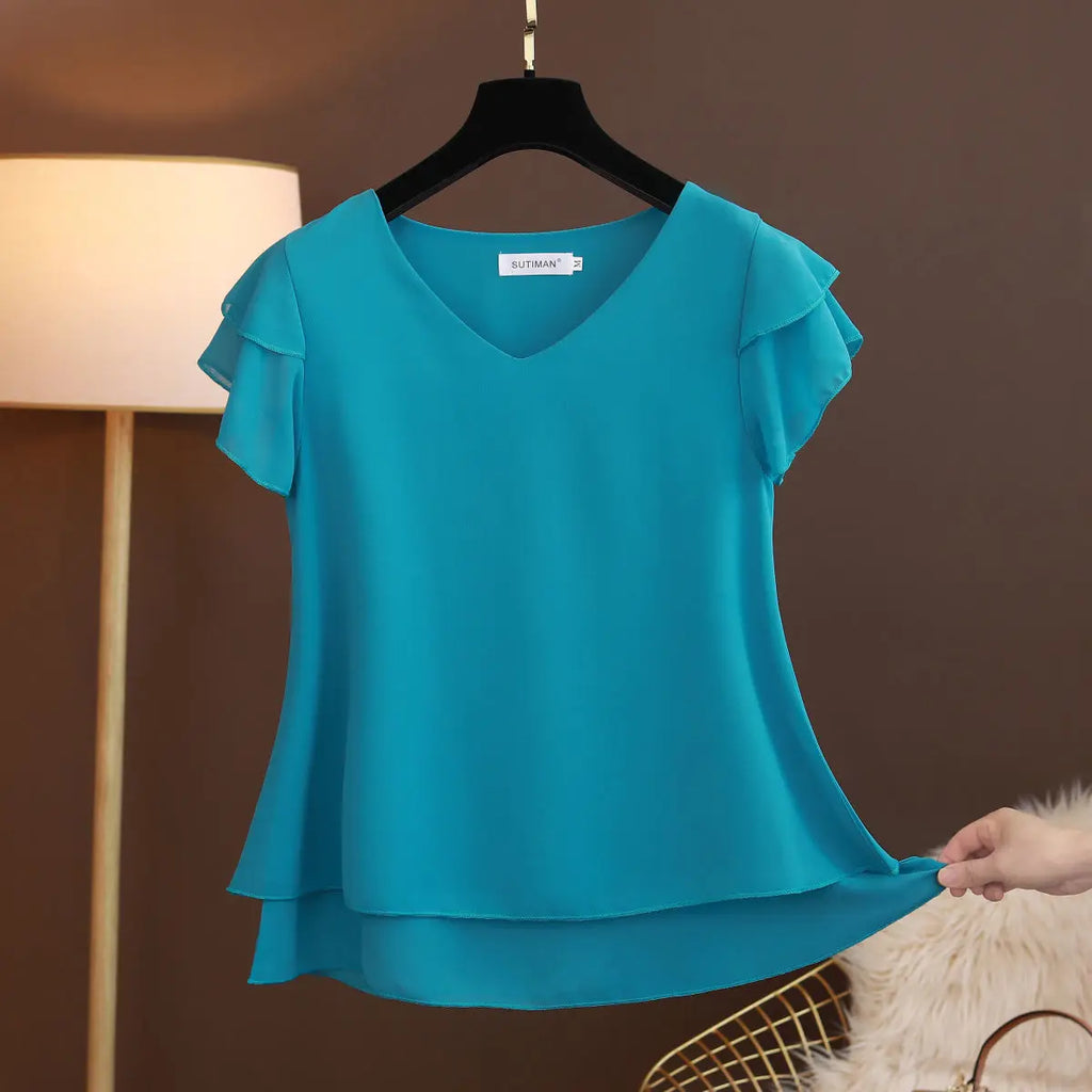 2026 New Summer Women Blouse Loose V-Neck Chiffon Shirt Female Short Sleeve Blouse Oversized Shirts womens tops and blouses Top - Matrix-studios.com