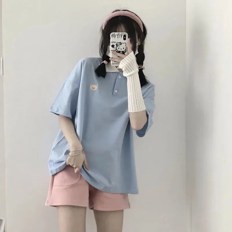 Bear Embroidery Preppy Style Polo Shirts Female T Shirt Short Sleeve Summer Women Tshirt Cotton Cute Tee Loose Oversized Teens - Matrix-studios.com