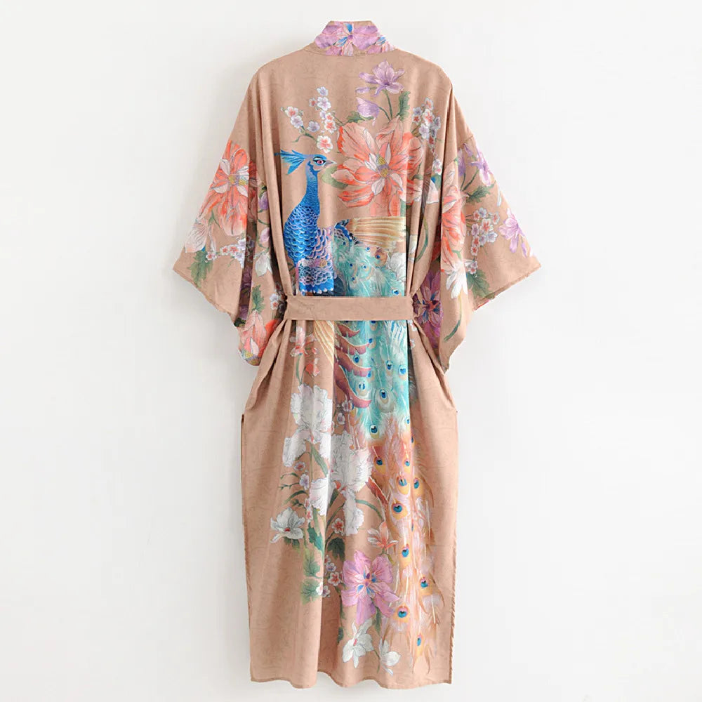 Bohemian Printed Bikini Cover-ups Green Tunic Long Kimono Cardigan Plus Size 2023 Women Beach Wear Swim Suit Cover Up A155 - Matrix Studios