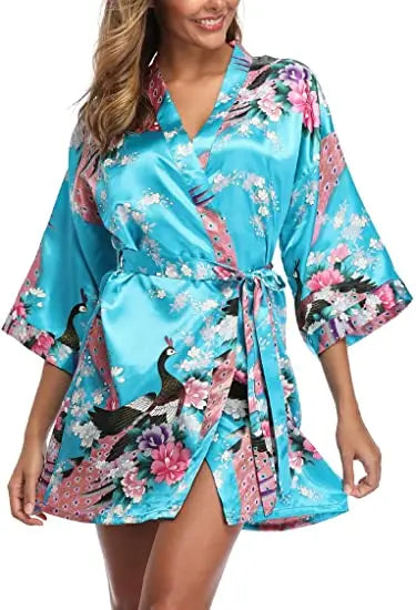 Satin Silk Women Wedding Bridemaid Robe Sexy Crane Print Bathrobe Short Long Kimono Night Gown Robe Fashion Dressing Gown Female - Matrix-studios.com