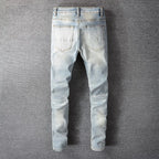 Men Crystal Holes Ripped Patchwork Jeans Streetwear Light Blue Denim Slim Skinny Pencil Pants Trousers - Matrix Studios