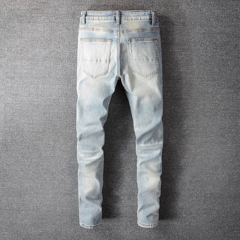 Men Crystal Holes Ripped Patchwork Jeans Streetwear Light Blue Denim Slim Skinny Pencil Pants Trousers - Matrix Studios