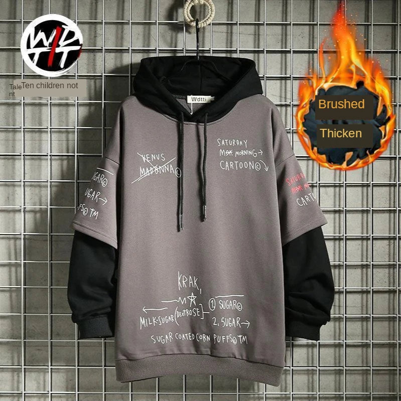 Spring /Autumn Men's Sweater Retro Mock Two-Piece Hooded Korean Hip Hop Print Sweatshirt Loose Hoodie Male Fleece Padded Jacket - Matrix Studios