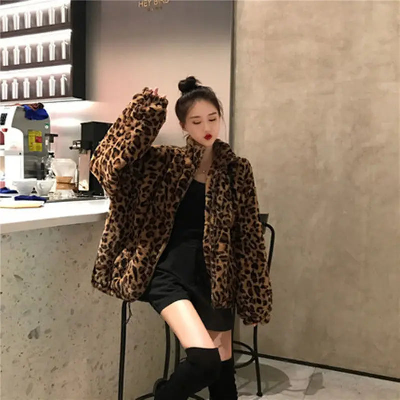 Winter Leopard Print Jacket Women's Stand collar Warm Parkas Outwear 2026 New Autumn Winter Korean Female Loose Faux Fur Coats - Matrix Studios