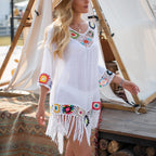 CROCHET BIKINI White Bikini Cover Up With Fringe Trim Women Sexy Hollow Tunic Beach Dress Summer Bathing Suit Beachwear - Matrix Studios