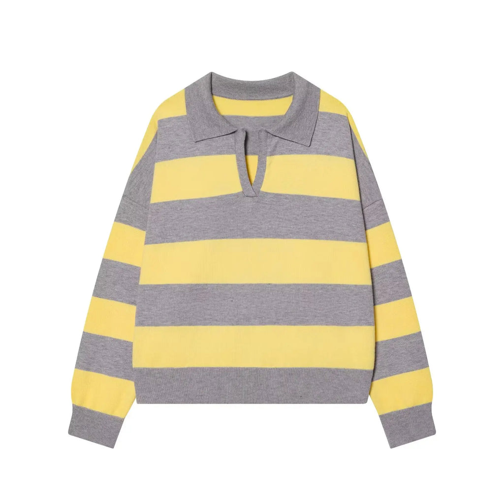 ETJ 2025 Autumn women's new line street style fashion yellow wide stripe polo neck loose version of long-sleeved sweater - Matrix-studios.com